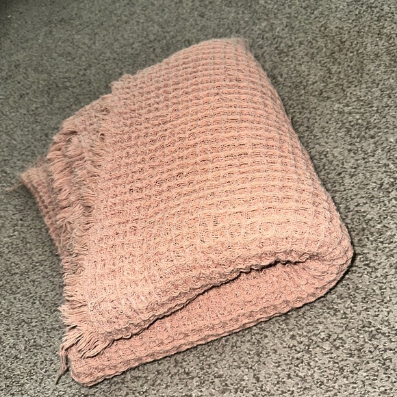 Crate&Barrel Other - Crate & Barrel Cozy Pink Waffle Knit Throw Fringe Blanket in Boho Pink